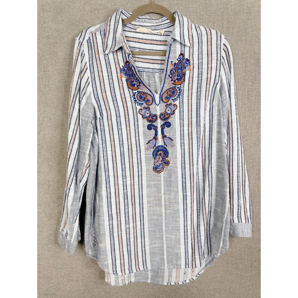 Soft Surroundings Top Womens Medium Blue Striped Floral Embroidered Woven Boho